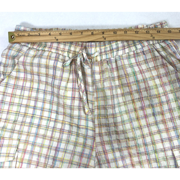 Lili Sidonio Pants Womens Large Neon Plaid Seersucker Elastic Cuff Cargo Pockets - Picture 7 of 14